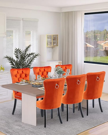 SoarFlash Velvet Dining Chair Set of 8, Upholstered Tufted Dining Room Chair with Nailhead Trim and Solid Wood Leg for Kitchen (Orange)
