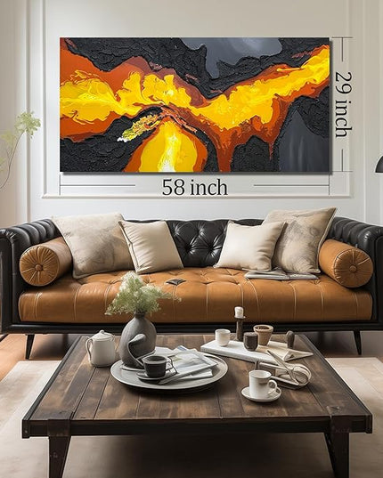 Abstract Lava Flow Canvas Wall Art for Living Room, Black and Gold Yellow Wall-Decor for Bedroom, Modern Textured Volcanic Landscape Paintings for Hallway Office, Size 58x29 Inches Hand Painted