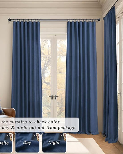 Navy Curtains 96 Inches Long for Kids Room 2 Panel Back Tab Pocket Drape Soft Cotton Textured Light Filtering Semi Privacy Sheer Dark Blue Linen Curtains for Living Room Boys Bedroom 52x96 Inch Length