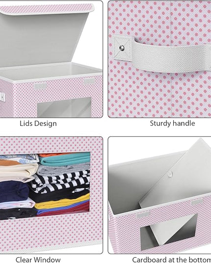 Univivi Fabric Foldable Storage Boxes [4-Pack] Large Collapsible Stackable Storage Bins with Lids, Closet Organizers and Storage Cube Basket for Home, Office, Bedroom (Pink, 17”x 12” x 12”)