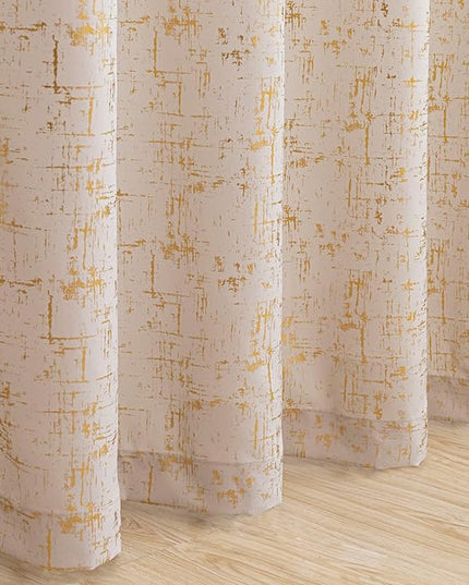 Taisier Home Gold Foil Print Linen Textured Curtains - Geometric Dots Pattern Design for Nursery, Toy Room - Thermal Insulated Window Treatment, 2 Panels, 72" L, Beige and Gold