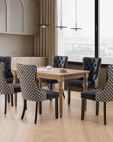 SoarFlash Velvet Dining Chairs Set of 6, Tall Back Side Chair, Modern Upholstered Side Chair with Button Back Ring, Solid Wood Legs (Black&Plaid)