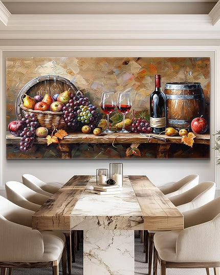 XIGUANGART Red Wine Glass Wall Art Grape Barrel Painting Kitchen Artwork Prints for Dinning Room Bar Large Canvas Wall Decor for Living Room Office Fruit Still Life Picture Modern Home Decoration