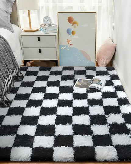 Ophanie Checkered Black & White Rug for Living Room Bedroom, Fluffy Soft Cute Fuzzy Area Rugs, Shag Plush Shaggy Bedside Floor 4x6 Furry Carpet for Kids Baby Teen Dorm Nursery Home Decor Aesthetic