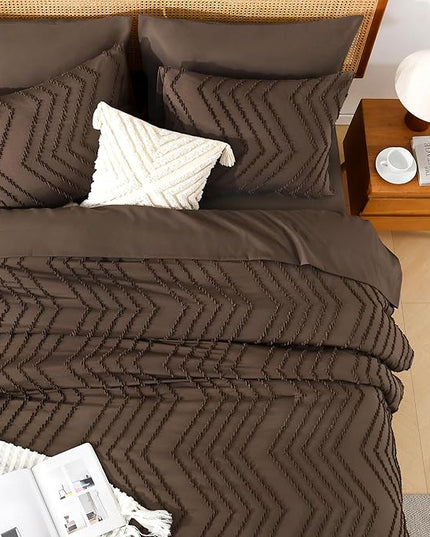Litanika Queen Size Comforter Set with Sheets Brown - 7 Pieces Bed in a Bag Queen Chevron Tufted Complete Bedding Sets with Comforter, Sheets, Pillowcases & Shams