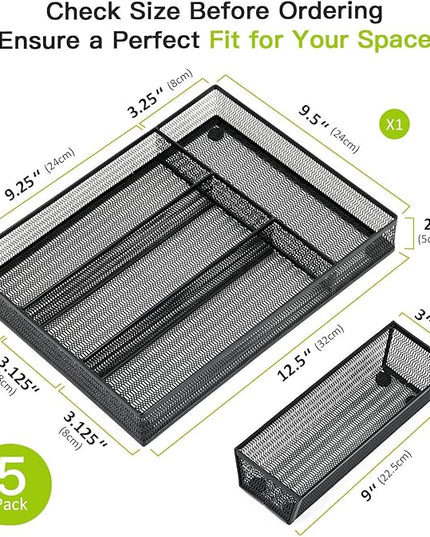 Neudeco Drawer Organizer Set 5 Pack - 4-Compartment Silverware Organizer Tray + 4 Utensil Trays, Kitchen Drawer Organizer for Flatware, Cutlery, Office Supplies, Black Mesh, Non-Slip.