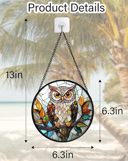 Stained Glass Window Hanging, Owl Colorful Leaves Birds Sun Catchers Diamond Glass Panel Hangings Suncatcher Decor for Birthday for Women, Men, Wife, Aunt, and Mom 6.3 in