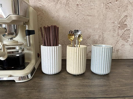 Stoneware Coffee Bar Utensil Holder Tea & Coffee Spoon & Stirrer Holder for Stir Stick Straw Teaspoon Holder Spoon Cup Small Utensil Jar Fluted Vertical Stripe (Speckled Beige)