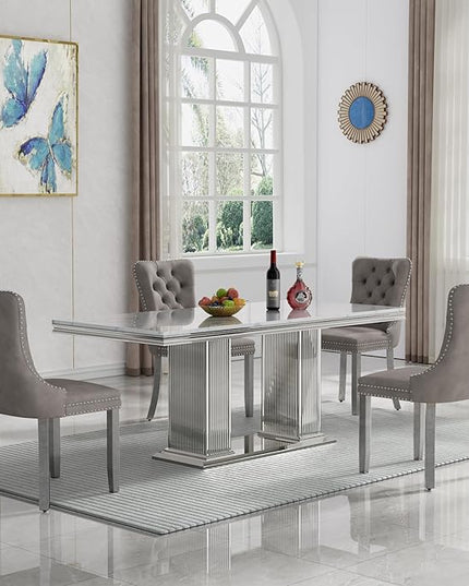 HomVent 68.11'' Faux Marble Dining Table Set for 4, Modern Rectangle Kitchen Table with Stainless Steel Base (Silver Table with 4 Grey Chairs, 5 Pieces)