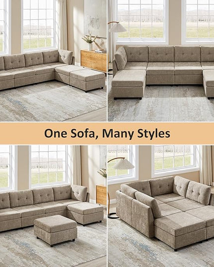 VANOMi 4 Seater Modular Cloud Sofa with 2 Ottomans, 118" Sectional Sofas & Couches for Living Room, Comfy Chenille Cloud Sectional Couch Sofas for Living Room, Apartment, Office, Camel, U Shaped