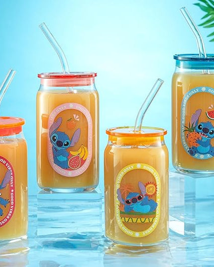 JoyJolt Disney Stitch Island Vibes Glass Tumblers with Lids and Straws, 16oz Glass Cups with Lids and Straws, Can Shaped Drinking Glasses Set of 4, Stitch Stuff, Disney Gifts for Adults
