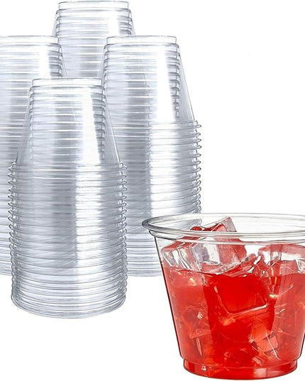 Prestee Clear Plastic Cups – 9oz Disposable PET Water, Wine, and Drink Glasses – Crystal Clear, Durable, Recyclable Party Cups – 100 Count for Holiday, Events, Coffee Shops, Restaurants