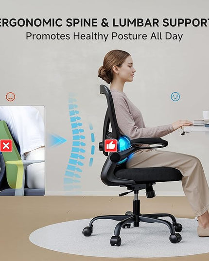 Office Chair with Adjustable Lumbar Support, Home Office Desk Chair with Flip-up Armrests, 330 lbs Mesh Computer Chair for Long Day Use, Black