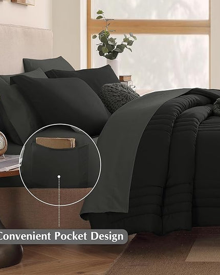 Monbix King Size Comforter Set - 7 Pieces Bed in a Bag King, Black Bedding Sets with Comforter, All Seasons Down Alternative Comforter Bed Set with Sheets, Pillowcases & Shams