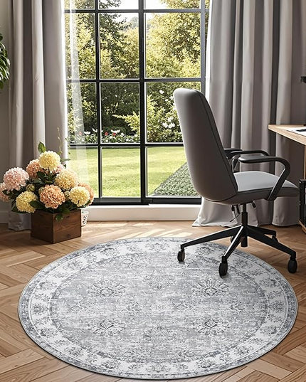 jinchan Fiora Round Rug 5ft Area Rug - Indoor Vintage Hallway Circle 5' Washable - Ultra-Thin Low Pile Soft Small Non Slip Distressed Floral Print for Living Room Dining Room Bedroom Entryway Grey