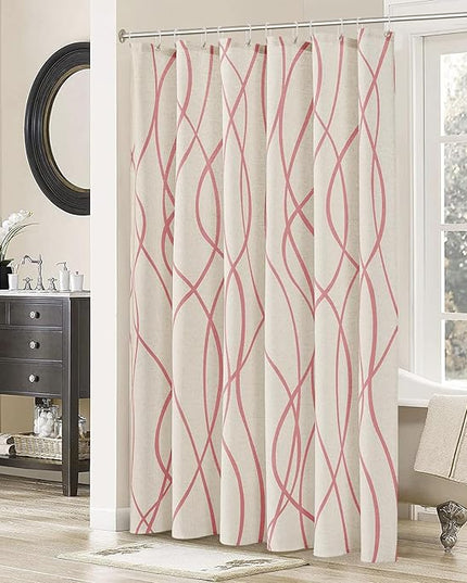 Pink Modern Farmhouse Linen Shower Curtain, Country Cottage Bathroom Decor Striped Minimal Boho Textured Linen Shower Curtain Set with Hooks, 72x72