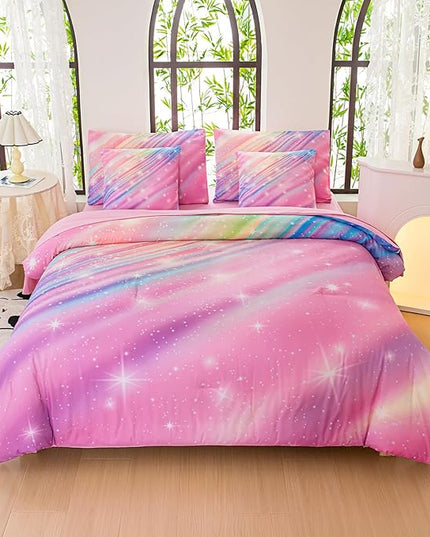 Twin Comforter Set for Girls Galaxy Bedding 7pieces, Ombre Bedding Comforter Sets Rainbow Comforter, Twill Pink