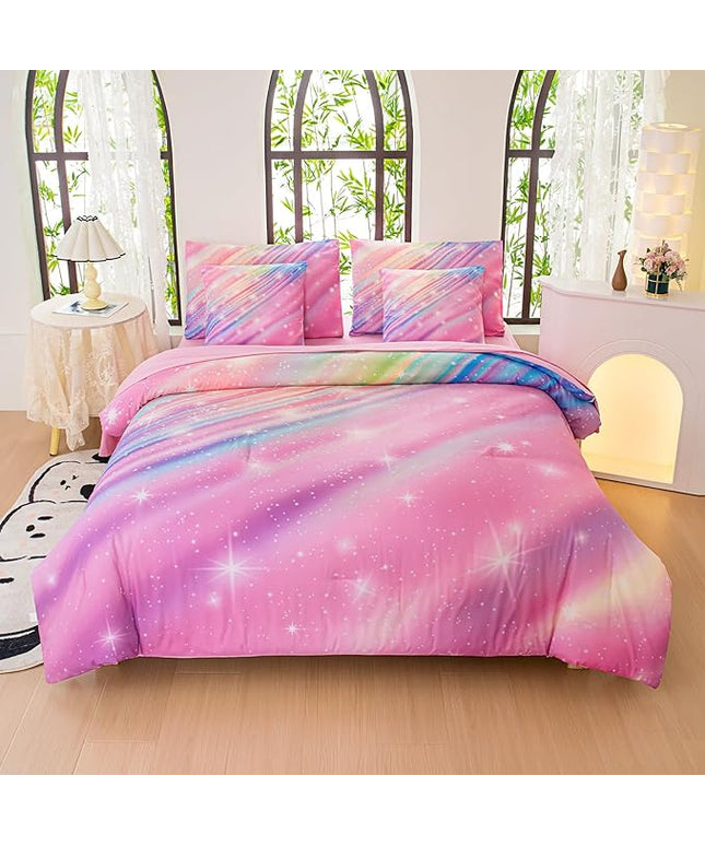 Twin Comforter Set for Girls Galaxy Bedding 7pieces, Ombre Bedding Comforter Sets Rainbow Comforter, Twill Pink
