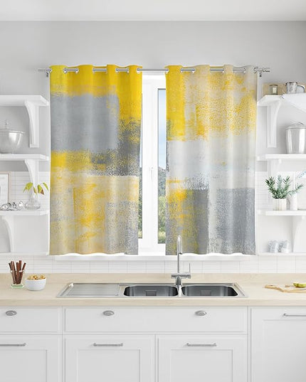 Yellow Window Curtain Yellow Grey Abstract Thermal Insulating Drapes Rust Art Treatment Drapes Modern Curtains for Living Room Bedroom Hotel, 26" x 36", 2 Panels