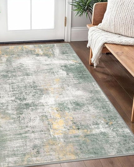 IOHOUZE Abstract Area Rug 3x5 Ft Washable Rugs for Entryway Indoor, Non Slip Kitchen Rug Printed Faux Wool Throw Rugs, Indoor Door Mat for Door Entrance Foyer Living Room, Light Green/Gray/Orange