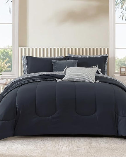 Monbix King Size Comforter Set - 7 Pieces Bed in a Bag King, Blue Grey Track Stitching Bedding Sets with Comforter, All Seasons Down Alternative Comforter Bed Set with Sheets, Pillowcases & Shams