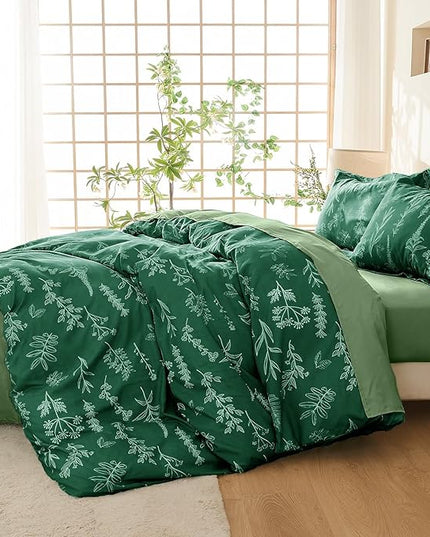 MUXHOMO Emerald Green Bed in a Bag King 7 Pieces, King Comforter Set Reversible Botanical Flowers Design, Ultra Soft & Breathable Bedding Sets with Comforter, Sheets, Pillowcases & Shams