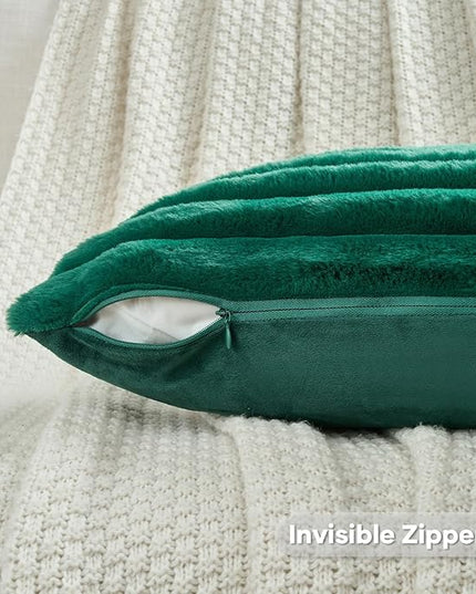 FUTEI Christmas Emerald Green Throw Pillow Covers Set of 2, 28x28 Inch Striped Texture Euro Pillow Shams with Soft Faux Rabbit Fur Front & Velvet Back, Modern Decorative Couch Pillows for Living Room