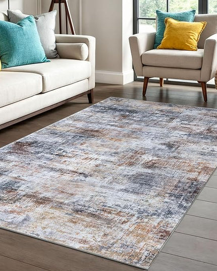 IOHOUZE Abstract Area Rug 4x6 Ft Washable Rugs for Entryway Indoor, Non Slip Small Living Room Rugs Printed Faux Wool Throw Rug, Floor Carpet for Kitchen Nursery Playroom, Orange Grey
