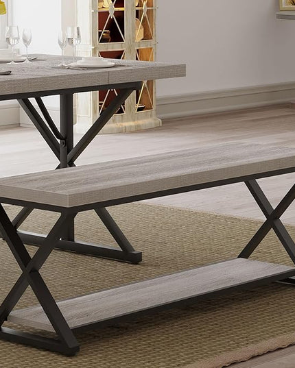 IBF Industrial Wood Entryway Bench, Indoor Farmhouse Hallway Accent Entry Bench for Seating Sitting with Storage, Metal Shoe Rack Grey Bench Organizer in Foyer Bedroom, Light Grey Oak, 47 Inch Long
