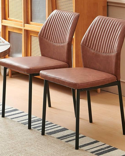 Dining Chairs Set of 6, Brown PU Leather Dining Chairs, Comfortable Upholstered Armless Kitchen Chairs with Black Metal Legs for Living Room, Dining Room, Kitchen
