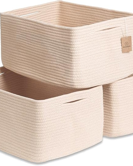 NaturalCozy Storage Baskets 16.8”x13”x7.6” Cotton Rope Woven Baskets for Organizing 3-Pack | Toy Storage Bins | Basket for Shelves, Laundry, Blanket, Clothes, Closet, Kitchen, Bathroom, Gifts
