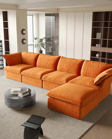 JACH L-Shaped Sectional Couches, Modular Sectional Sofas, Modern Comfy Cloud Couch with Chaise Ottoman, Cushion Covers Removable, Two Corners and Two Middle Sofa for Living Room (Orange)
