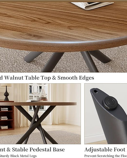 45.3 Inch Modern Round Dining Table for 4, Space-Saving Dinette with Carbon Steel Legs for Home Kitchen Apartment(Light Walnut Table)