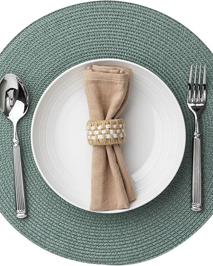 Round Placemats Set of 6 Plastic Woven Placemats Washable Wipeable Table Mats for Dining Table Heat Resistant Non-Slip Circle Place Mats (Dusk Green)