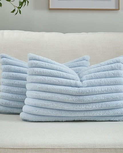 FUTEI Light Blue Throw Pillow Covers Set of 2, 12x20 Inch Striped Texture Lumbar Pillow Cases with Soft Faux Rabbit Fur Front & Velvet Back, Modern Decorative Couch Pillows for Living Room