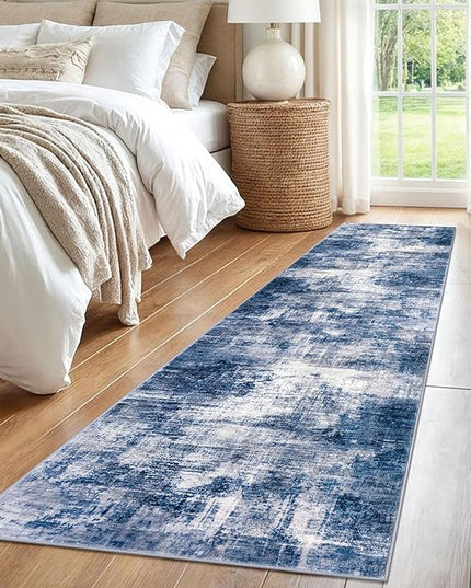 IOHOUZE Abstract Runner Rug 2x8 Ft Washable Runners for Hallways, Non Slip Kitchen Runner Printed Faux Wool Entryway Runner Indoor, Modern Abstract Floor Carpet for Hall Kitchen Bedroom, Navy/Grey