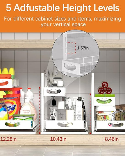 Under Sink Organizer with Pull-Out Drawers,Kitchen Sink Organizer,2 Tier Bathroom Organizers And Storage,Bathroom Accessories Set,White 2 Pack