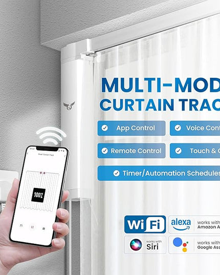Osprey Smart Curtain Track, Single-Piece Motorized Rod, Adjustable Length, Quiet Heavy-Duty Motor, Remote & App Control, Compatible with Alexa & Google Assistant, Ceiling or Wall Mounted