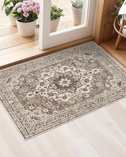 Washable Oriental Area Rug - 2x3 Rugs for Living Room Soft Carpet for Bedroom Waterproof Floral Distressed Indoor Stain Resistant Non-Shedding Floor Carpets (Beige, 2x3)