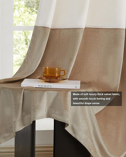 BULBUL Color Block Window Curtains Panels 96 inches Long Cream Ivory Champagne Velvet Farmhouse Drapes for Bedroom Living Room Darkening Treatment with Grommet Set of 2