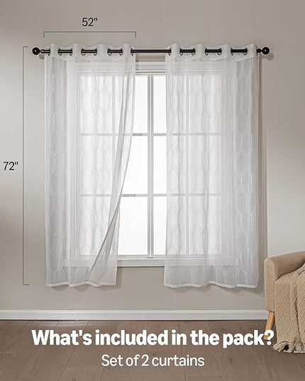 Amazon Basics 2-Piece Embroidery Sheer Curtain Set, Light Filtering Hollow Drapes for Living Room and Bedroom, 52" W × 72" L, White Classic Waves