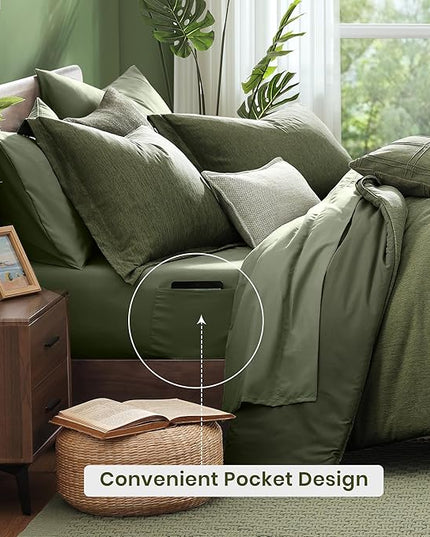 Monbix King Size Comforter Set, Olive Green King Bed Set Reversible, King Size Comforter Set 7 Pieces, Cationic Dyeing Bed in a Bag with Comforter, Sheets, Pillowcases & Shams