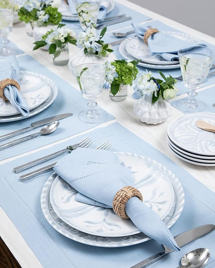 Solino Home Linen Placemats Set of 4 - Classic Hemstitch Sky Blue Placemats 14 x 19 Inch - 100% Pure Linen Table Mats for Christmas, Holiday, New Year