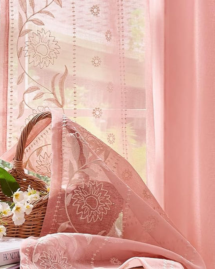 jinchan Winslow Sheer Curtains 63 Inch Length for Dorm Bedroom Bordered Floral Pattern Decorations Short Curtains Light Filtering Window Treatments, 50W x 63L, Beige on Pink, 2 Panels