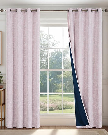 FMFUNCTEX Pink Floral Jacquard Blackout Curtains 108 Inches Long for Bedroom, Scroll Flower Chenille Farmhouse Curtains for Girls Room Darkening Thermal Insulated Grommet Window Drapes 2 Panels