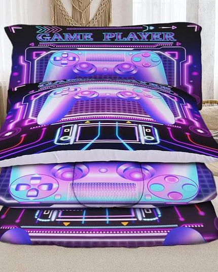 Sunnycitron Purple Gamepad Gamer Comforter Set for Boys Gaming Bedding Set Teens Game Room Decor Full (1 Comforter + 2 Pillowcase)
