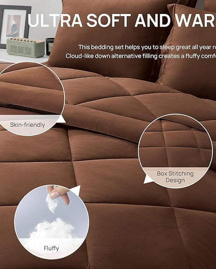 Love's cabin California King Comforter Set Brown, 7 Pieces California King Bed in a Bag, All Season Bedding Sets with 1 Comforter, 1 Flat Sheet, 1 Fitted Sheet, 2 Pillowcase and 2 Pillow Sham
