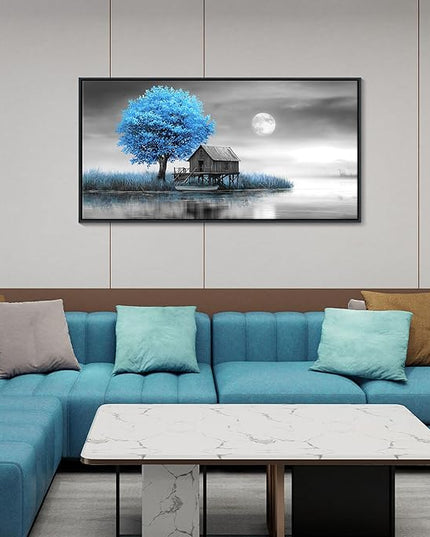JEAWA Framed Canvas Wall Art Decor - Blue Gray Wall Art for Bedroom Study Dining Room, Winter Landscape Wall Art Canvas Paintings, Moon Pictures Wall Decor, Tree Art Wall Decor, 20x40 IN