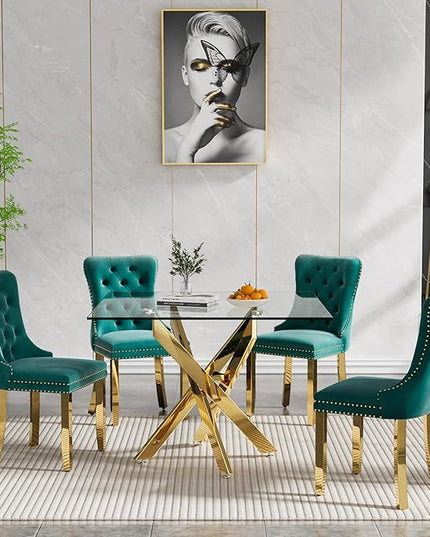 Glass Dining Table Set for 4, Square 36" Dining Table with Gold Cross Metal Leg, 4 Green Velvet Dining Chairs with Stainless Steel Legs, Modern Glass Kitchen Table and Chairs Set for Small Space