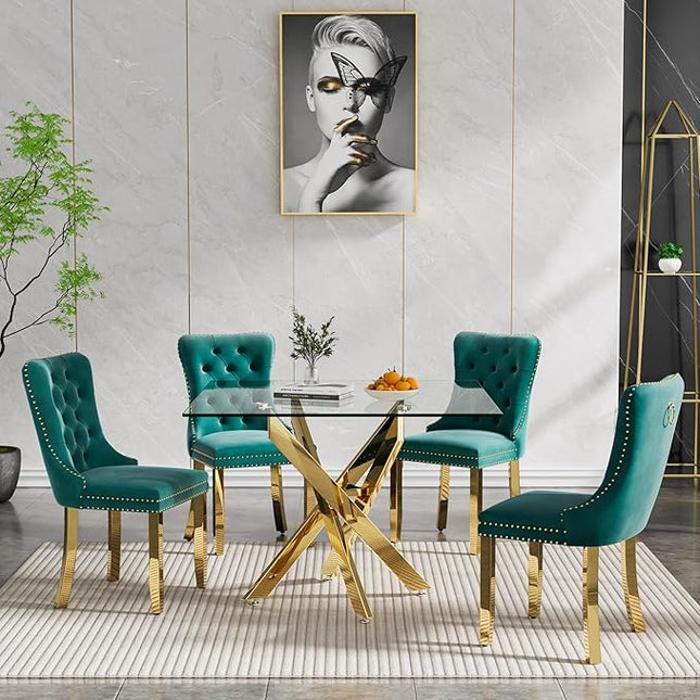 Glass Dining Table Set for 4, Square 36" Dining Table with Gold Cross Metal Leg, 4 Green Velvet Dining Chairs with Stainless Steel Legs, Modern Glass Kitchen Table and Chairs Set for Small Space